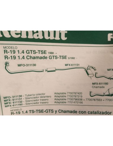 SILENCIOSO DELANTERO ESCAPE RENAULT 19 1.4 GTS , TSE Y CHAMADE