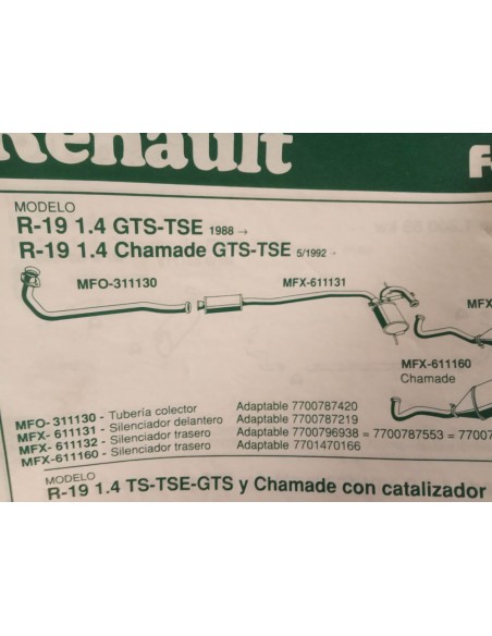 SILENCIOSO DELANTERO ESCAPE RENAULT 19 1.4 GTS , TSE Y CHAMADE