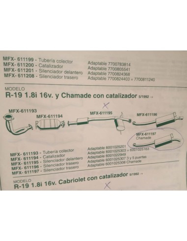 SILENCIOSO TRASERO ESCAPE RENAULT 19 1.8 16V CHAMADE (CON CATALIZADOR)