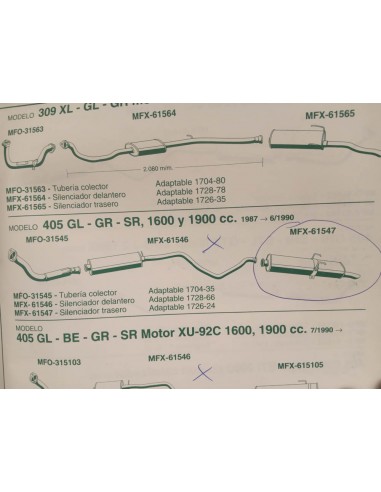 Silencioso trasero de escape Peugeot 405 motor 1.6 y 1.9 gasolina
