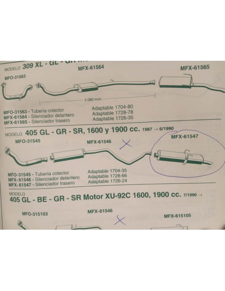 Silencioso trasero de escape Peugeot 405 motor 1.6 y 1.9 gasolina